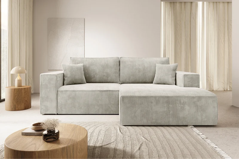Ecksofa mit Schlaffunktion Farese Mini, L-förmig, rechtsseitig, mit Stauraum, beige Cordstoff