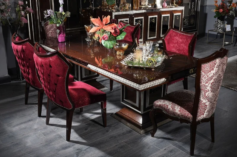 Casa Padrino Luxus Barock Esszimmerstuhl Set Beige / Bordeauxrot / Dunkelbraun / Silber - 6 Barockstil Küchen Stühle mit elegantem Muster - Barock Esszimmer Möbel