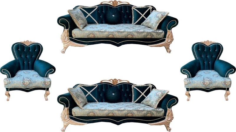 Casa Padrino Luxus Barock Wohnzimmer Set mit elegantem Blumenmuster und Glitzersteinen Türkis / Grün / Creme - 2 Sofas & 2 Sessel - Prunkvolle Barock Wohnzimmer Möbel