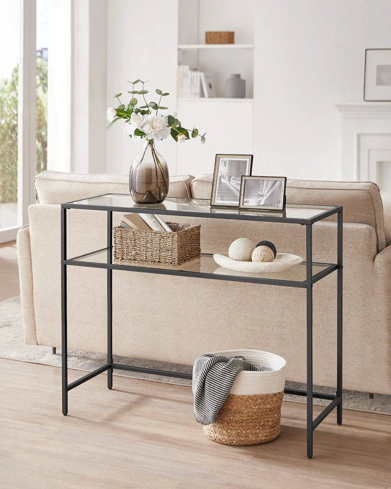 Konsolentisch mit Glasregalen – Minimalistisches Design – Schwarzer Stahl und gehärtetes Glas – 100 cm breit