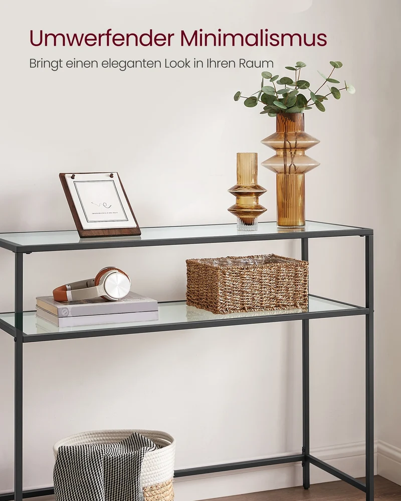 Konsolentisch mit Glasregalen – Minimalistisches Design – Schwarzer Stahl und gehärtetes Glas – 100 cm breit