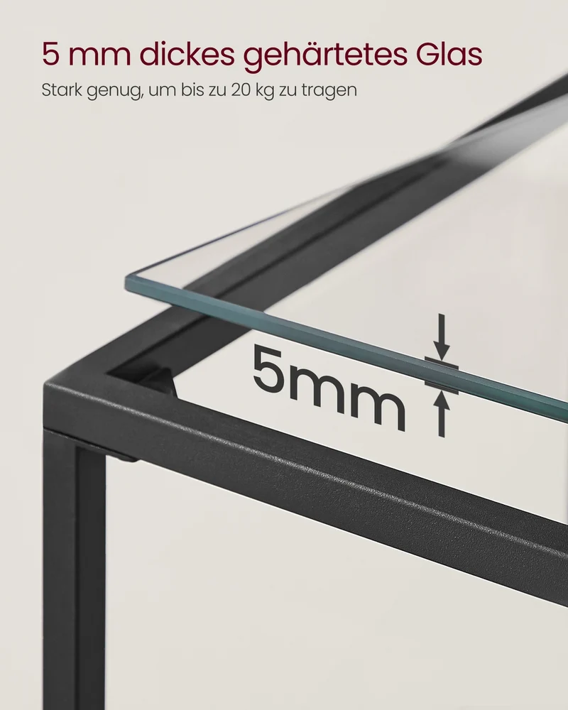 Konsolentisch mit Glasregalen – Minimalistisches Design – Schwarzer Stahl und gehärtetes Glas – 100 cm breit