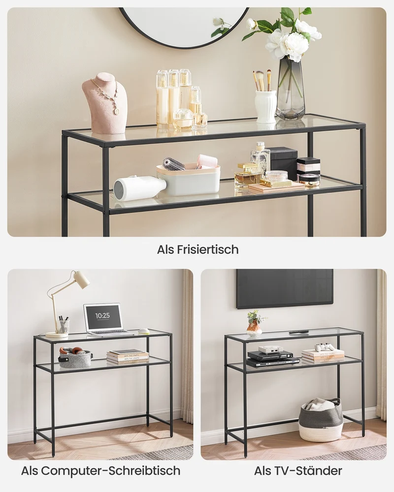 Konsolentisch mit Glasregalen – Minimalistisches Design – Schwarzer Stahl und gehärtetes Glas – 100 cm breit