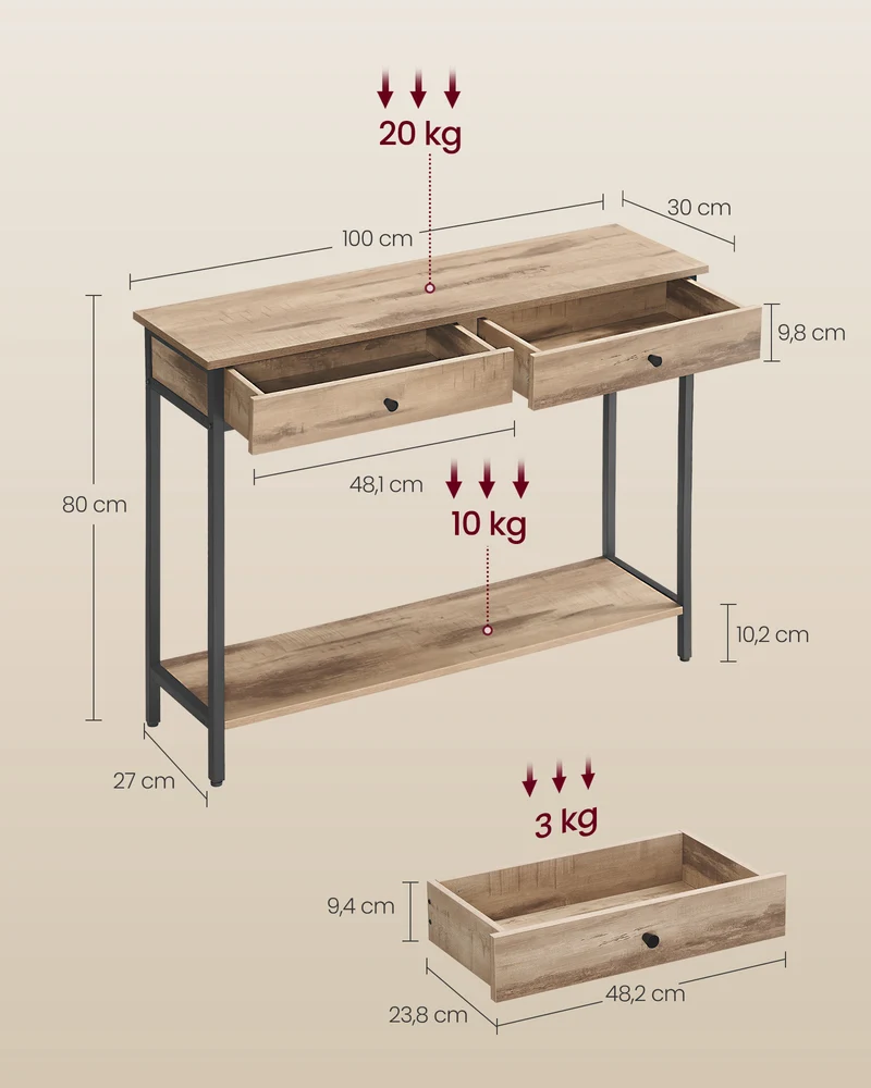 Konsolentisch mit Schubladen – Industriedesign – 100 cm breit – Vintage-Braun und Schwarzstahl