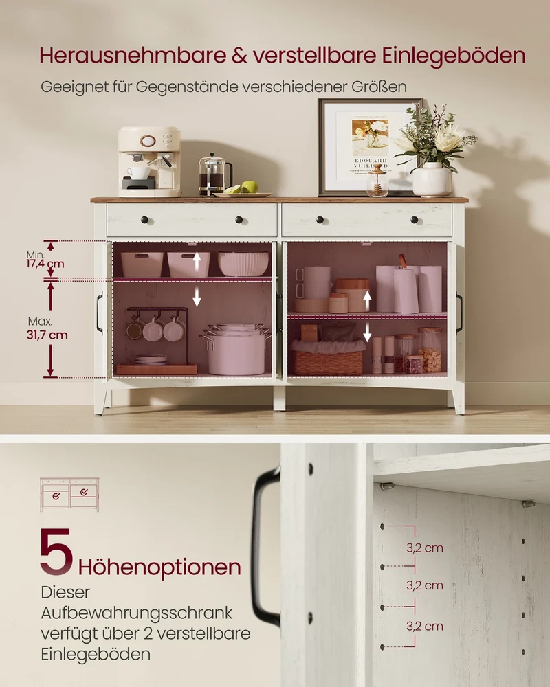 Sideboard mit Türen und Schublade - Landhausstil - Küchenschrank mit verstellbaren Regalen