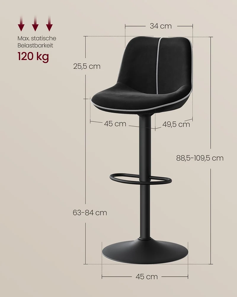 2er-Set Barhocker – Verstellbare Sitzhöhe – Samtpolsterung – Ergonomischer Komfort – Stabile Basis
