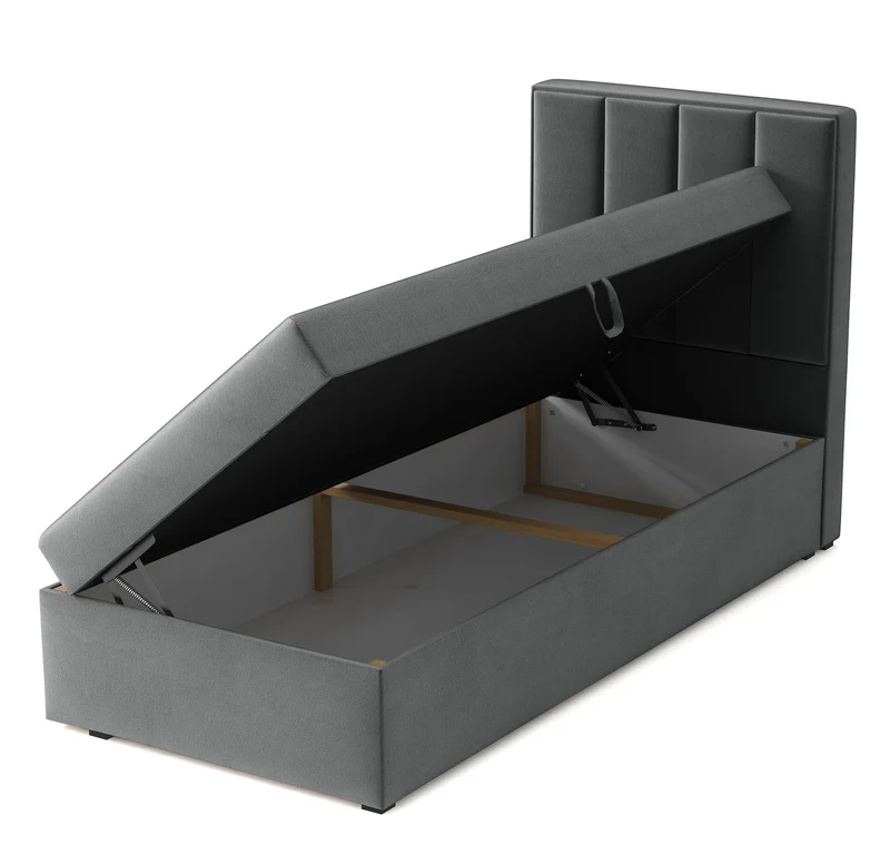 Kontinentales Bett 90x200 cm Rinus mit Stauraum, dunkelgrauer Velours, hydrophob, linksseitig