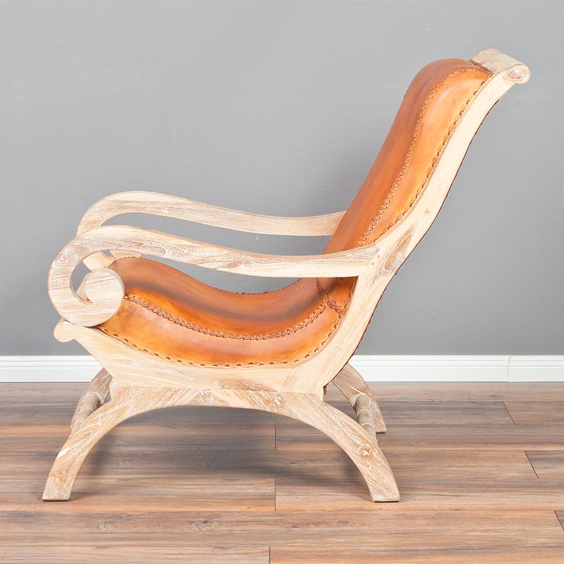 Ledersessel BAHIA Teak White Wash mit Hocker