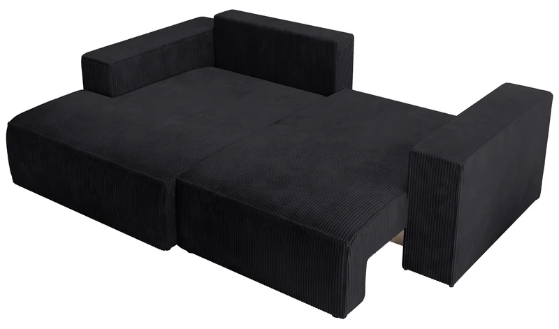 Ecksofa mit Schlaffunktion Farese Mini, L-förmig, linksseitig, mit Stauraum, schwarzer Cordstoff