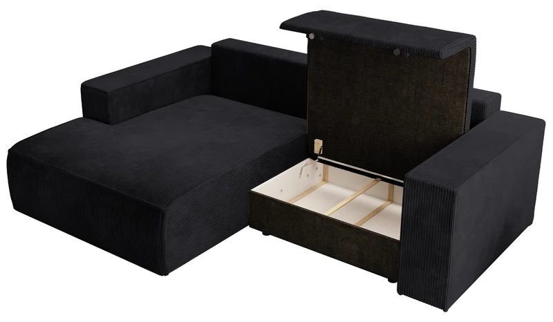 Ecksofa mit Schlaffunktion Farese Mini, L-förmig, linksseitig, mit Stauraum, schwarzer Cordstoff