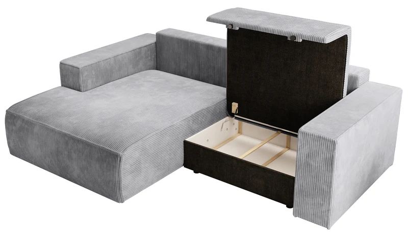Ecksofa mit Schlaffunktion Farese Mini, L-förmig, linksseitig, mit Stauraum, hellgrauer Cordstoff