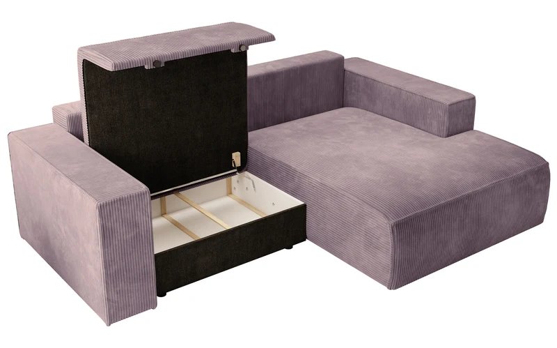 Ecksofa mit Schlaffunktion Farese Mini, L-förmig, rechtsseitig, mit Stauraum, fliederfarbener Cordstoff