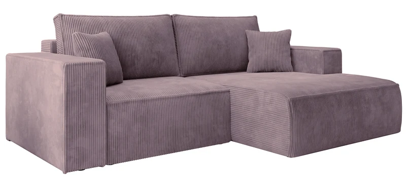 Ecksofa mit Schlaffunktion Farese Mini, L-förmig, rechtsseitig, mit Stauraum, fliederfarbener Cordstoff