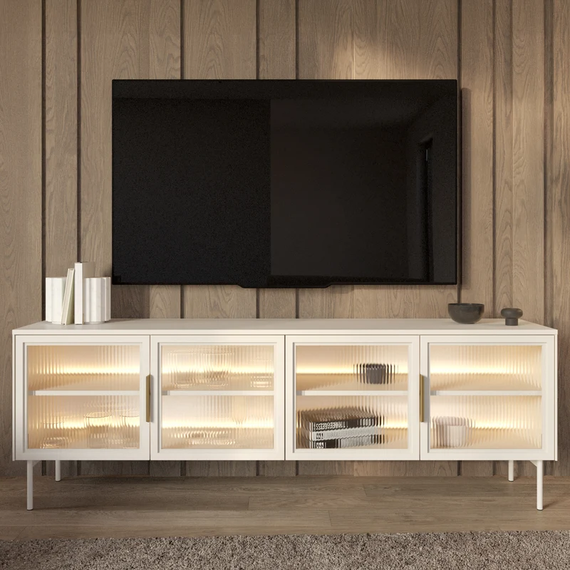 Vierflügeliger TV-Schrank Lumi mit Glastüren und LED-Beleuchtung, 181 cm, Kaschmirfarben