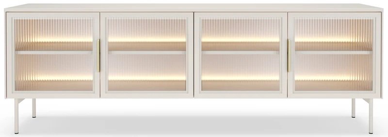 Vierflügeliger TV-Schrank Lumi mit Glastüren und LED-Beleuchtung, 181 cm, Kaschmirfarben