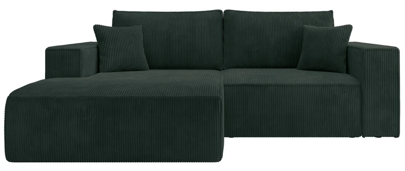 Ecksofa mit Schlaffunktion Farese Mini, L-förmig, linksseitig, mit Stauraum, dunkelgrüner Cordstoff