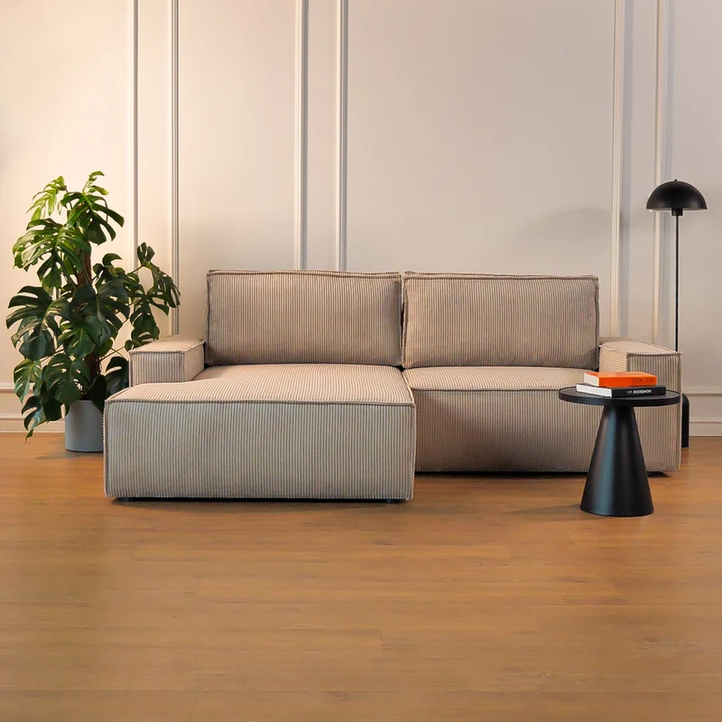 Ecksofa mit Schlaffunktion Farese Mini, L-förmig, linksseitig, mit Stauraum, beige Cordstoff
