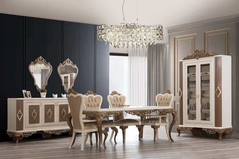 Casa Padrino Luxus Barock Esstisch Weiß / Braun / Gold - Edler Massivholz Esszimmertisch - Barock Esszimmer Möbel - Edel & Prunkvoll