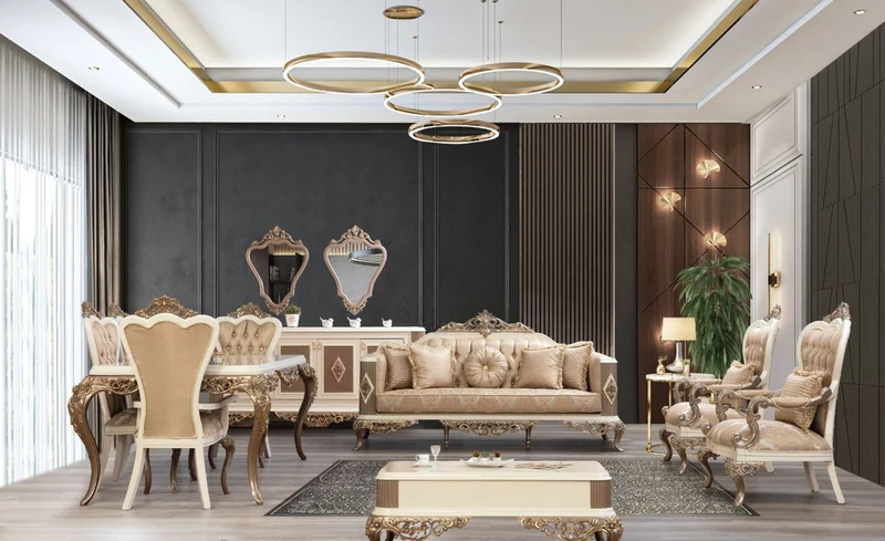 Casa Padrino Luxus Barock Wohnzimmer Set Braun / Weiß / Gold - 2 Sofas & 2 Sessel & 1 Couchtisch - Prunkvolle Barock Wohnzimmer Möbel