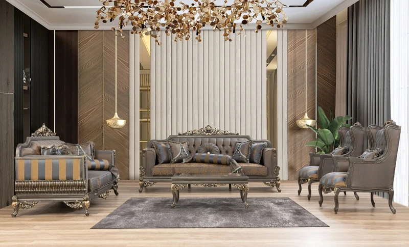 Casa Padrino Luxus Barock Sofa Blau / Grau / Gold 235 x 93 x H. 115 cm - Prunkvolles handgefertigtes Wohnzimmer Sofa mit dekorativen Kissen - Barock Wohnzimmer Möbel