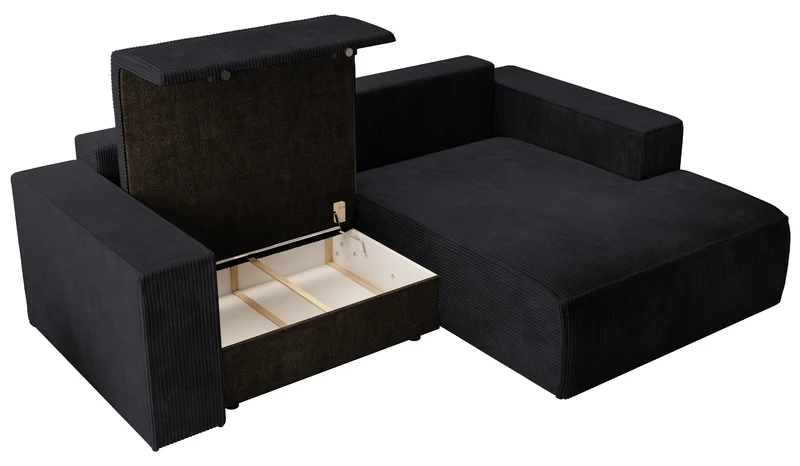 Ecksofa mit Schlaffunktion Farese Mini, L-förmig, rechtsseitig, mit Stauraum, schwarzer Cordstoff