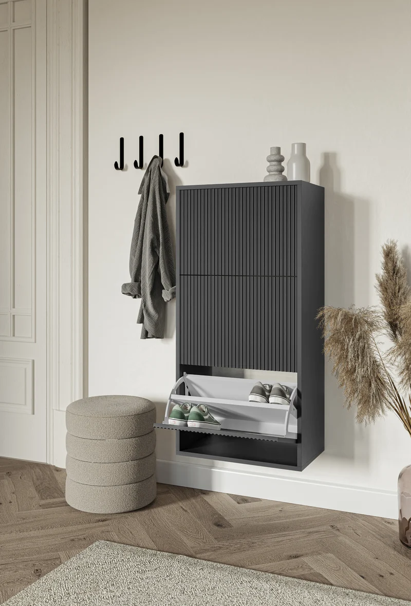 Veldio Schuhschrank mit gefräster Front und drei Fächern, 50 cm, schwarz, zum Aufhängen