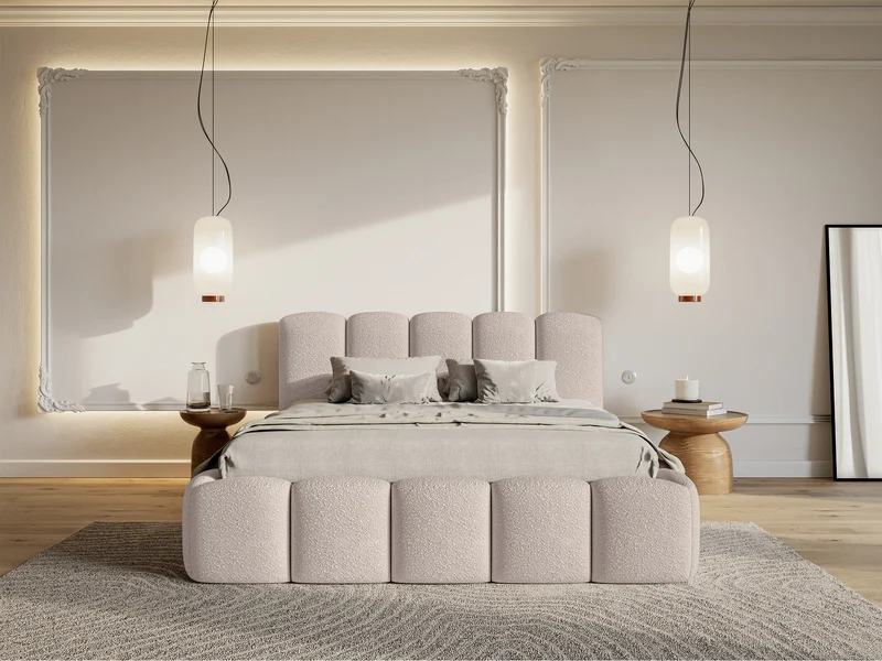 Polsterbett 140x200 cm Cloudy II mit Stauraum, hellbeige Bouclé, Metallrahmen