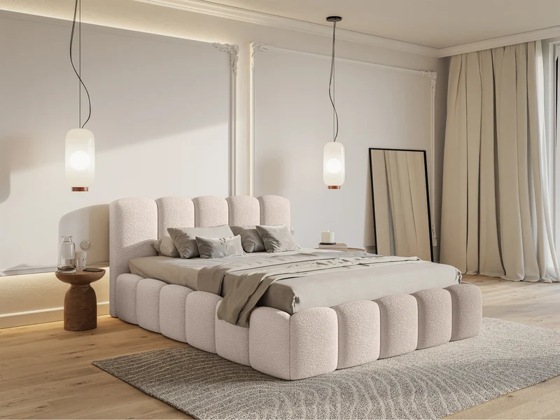 Polsterbett 140x200 cm Cloudy II mit Stauraum, hellbeige Bouclé, Metallrahmen