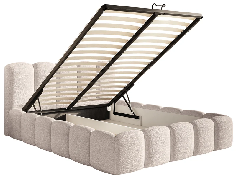 Polsterbett 140x200 cm Cloudy II mit Stauraum, hellbeige Bouclé, Metallrahmen