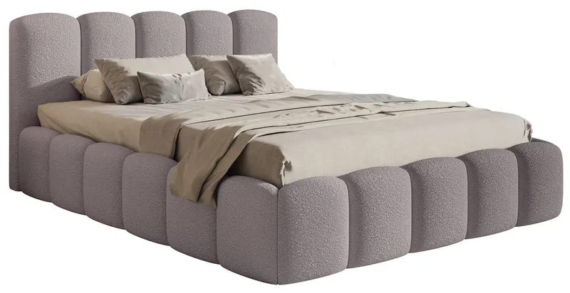Gepolstertes Bett 180x200 cm Cloudy II mit Stauraum, grau-braunes Bouclé, Metallrahmen
