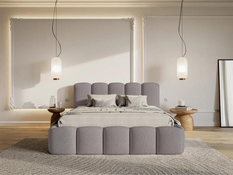 Gepolstertes Bett 180x200 cm Cloudy II mit Stauraum, grau-braunes Bouclé, Metallrahmen