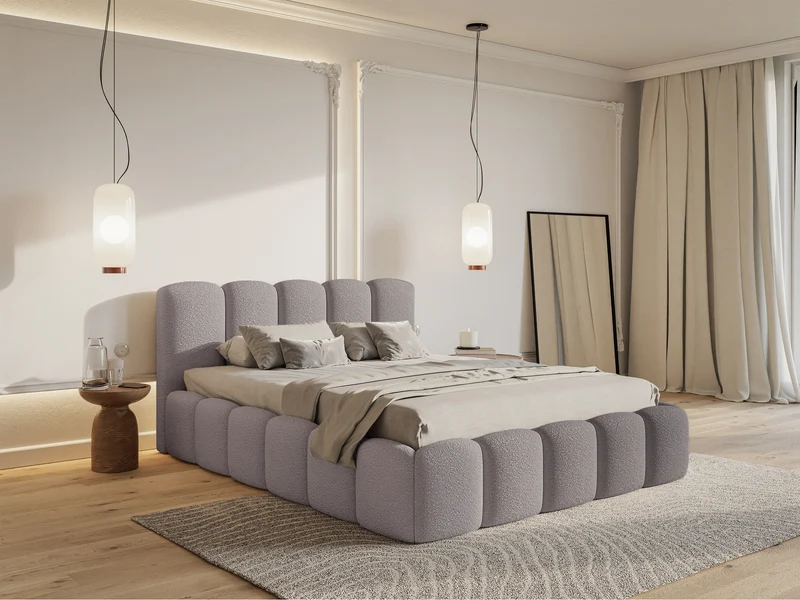 Gepolstertes Bett 180x200 cm Cloudy II mit Stauraum, grau-braunes Bouclé, Metallrahmen