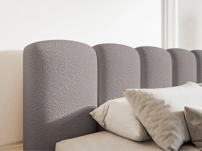 Gepolstertes Bett 180x200 cm Cloudy II mit Stauraum, grau-braunes Bouclé, Metallrahmen