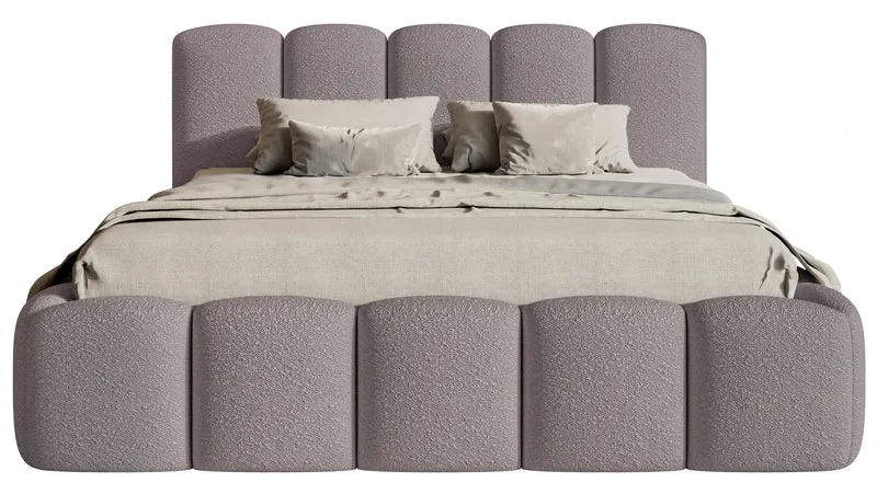 Gepolstertes Bett 180x200 cm Cloudy II mit Stauraum, grau-braunes Bouclé, Metallrahmen