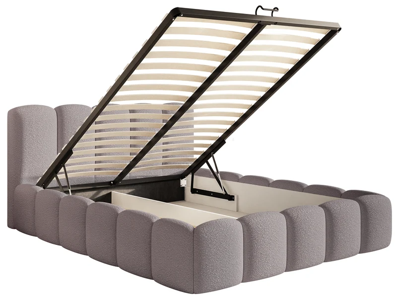 Gepolstertes Bett 180x200 cm Cloudy II mit Stauraum, grau-braunes Bouclé, Metallrahmen