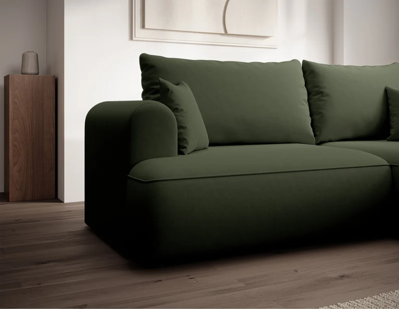 Ecksofa mit Schlaffunktion Ovo Mini, L-förmig, rechtsseitig, mit Stauraum, olivgrüner, leicht zu reinigender Samtbezug