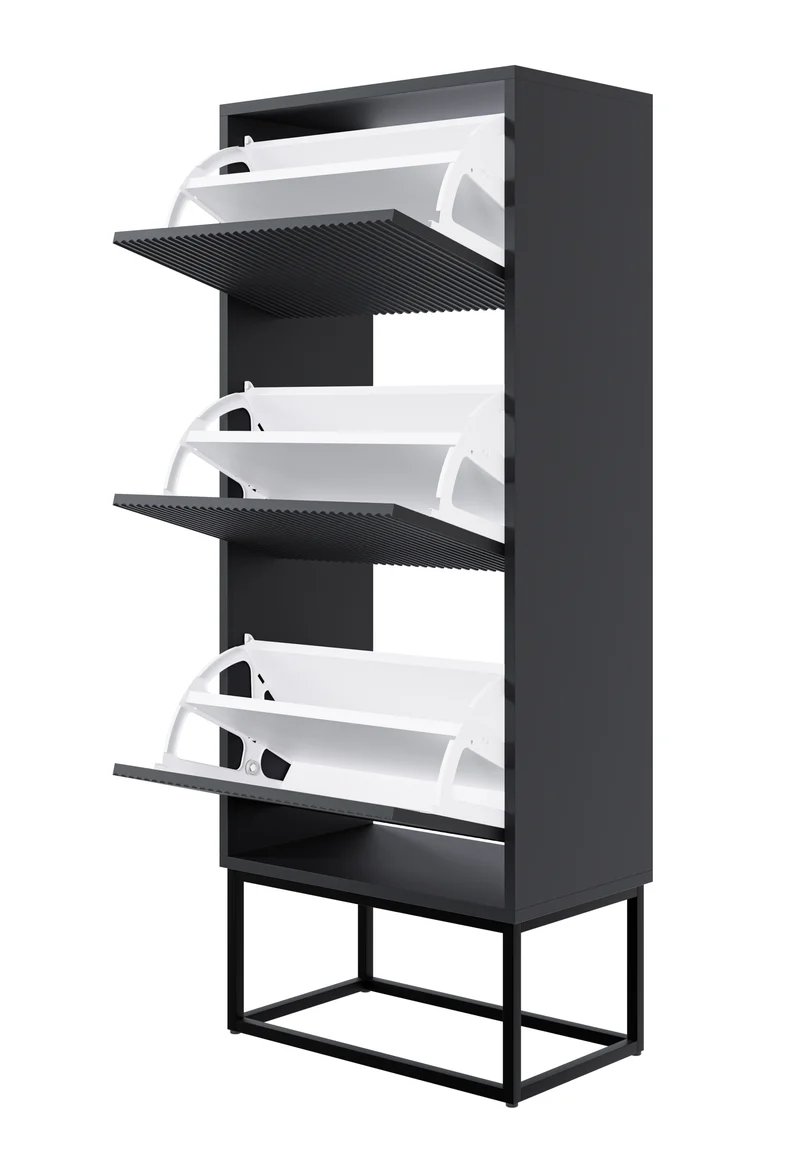 Schuhschrank Veldio mit gefräster Front und drei Fächern, 50 cm, Schwarz mit schwarzen Beinen