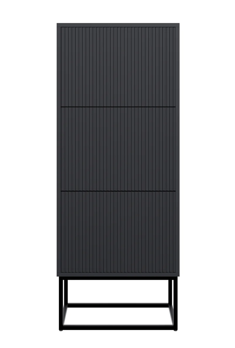 Schuhschrank Veldio mit gefräster Front und drei Fächern, 50 cm, Schwarz mit schwarzen Beinen
