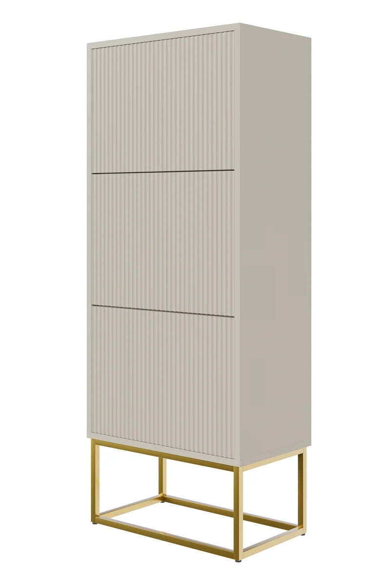 Schuhschrank Veldio mit gefräster Front und drei Fächern, 50 cm, grau-beige mit goldenen Beinen
