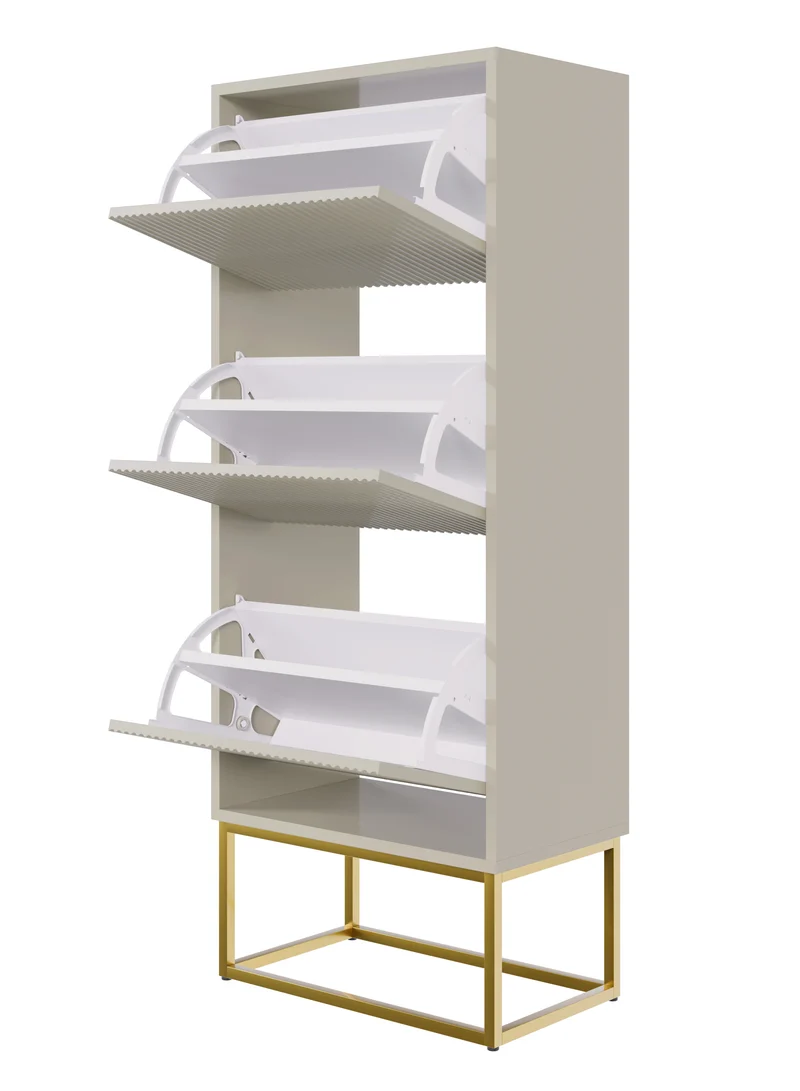 Schuhschrank Veldio mit gefräster Front und drei Fächern, 50 cm, grau-beige mit goldenen Beinen