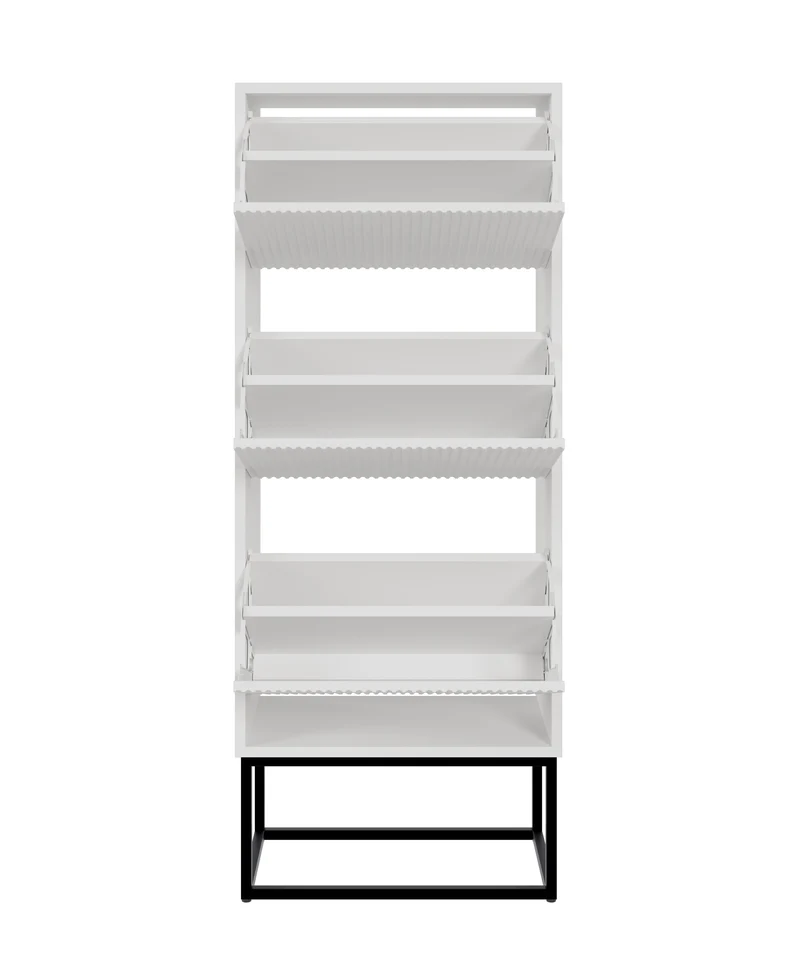 Schuhschrank Veldio mit gefräster Front und drei Fächern, 50 cm, Weiß mit schwarzen Beinen