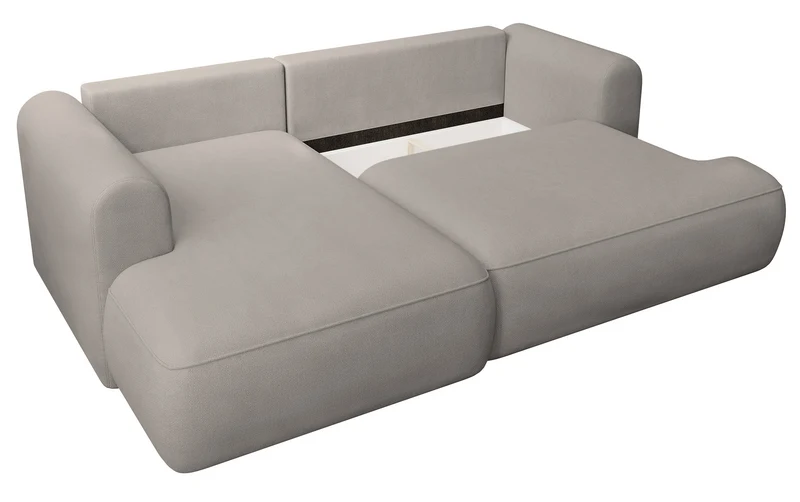 Ecksofa mit Schlaffunktion Ovo Mini, L-Form, linksseitig, mit Stauraum, grau-beiger, pflegeleichter Chenille-Stoff