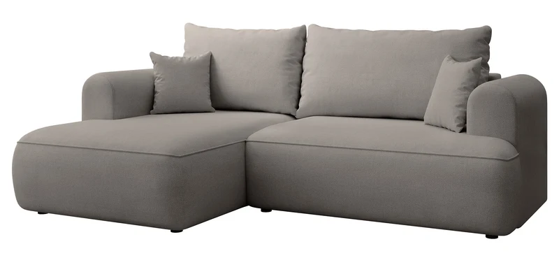 Ecksofa mit Schlaffunktion Ovo Mini, L-Form, linksseitig, mit Stauraum, grau-beiger, pflegeleichter Chenille-Stoff