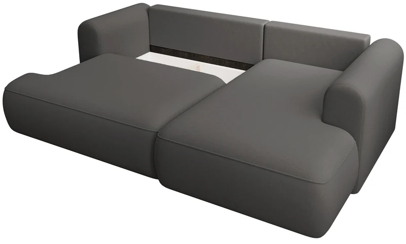 Ecksofa mit Schlaffunktion Ovo mini, L-förmig, rechtsseitig, mit Stauraum, dunkelgrauer, pflegeleichter Samtvelours