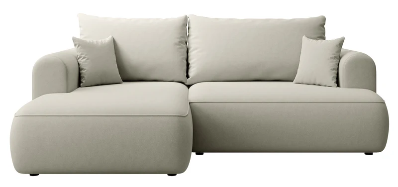 Ecksofa mit Schlaffunktion Ovo mini, L-förmig, linksseitig, mit Stauraum, hellbeiger Velours, pflegeleicht