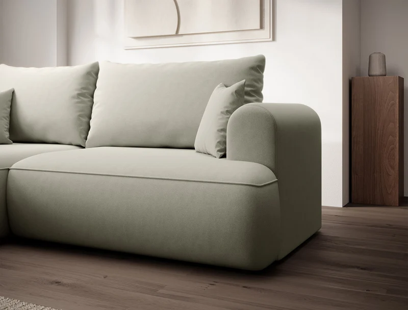 Ecksofa mit Schlaffunktion Ovo mini, L-förmig, linksseitig, mit Stauraum, hellbeiger Velours, pflegeleicht