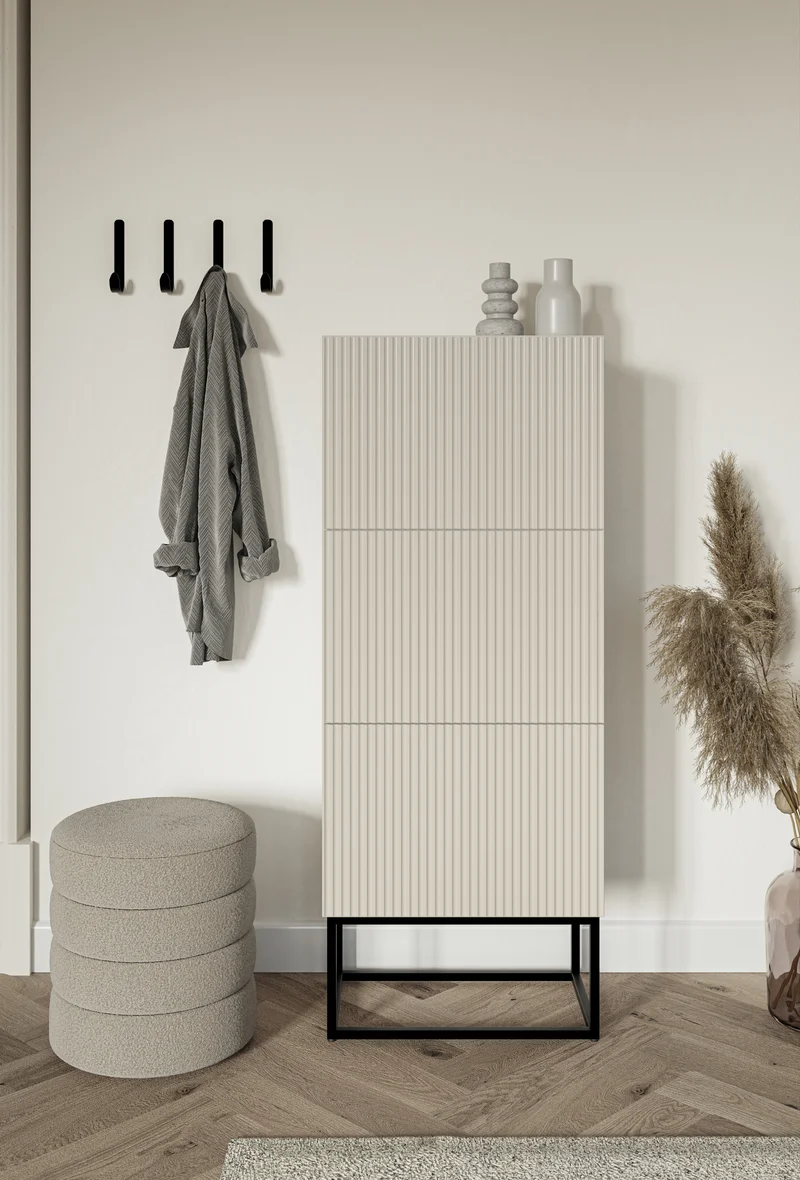 Schuhschrank Veldio mit gefräster Front und drei Fächern, 50 cm, grau-beige mit schwarzen Beinen