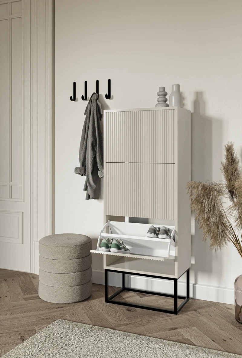 Schuhschrank Veldio mit gefräster Front und drei Fächern, 50 cm, grau-beige mit schwarzen Beinen