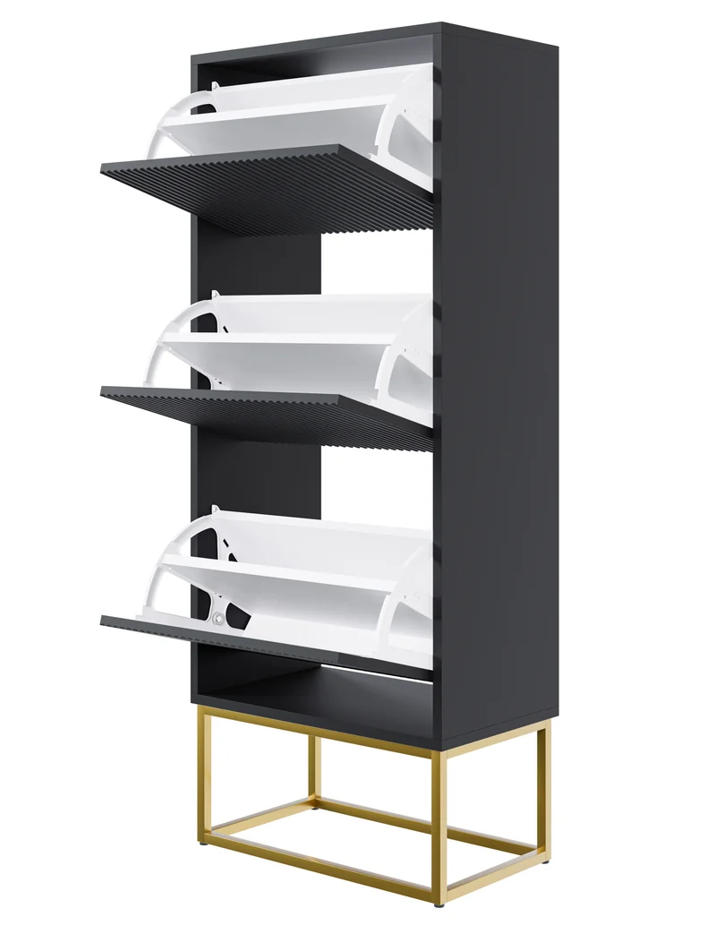 Schuhschrank Veldio mit gefräster Front und drei Fächern, 50 cm, Schwarz mit goldenen Beinen