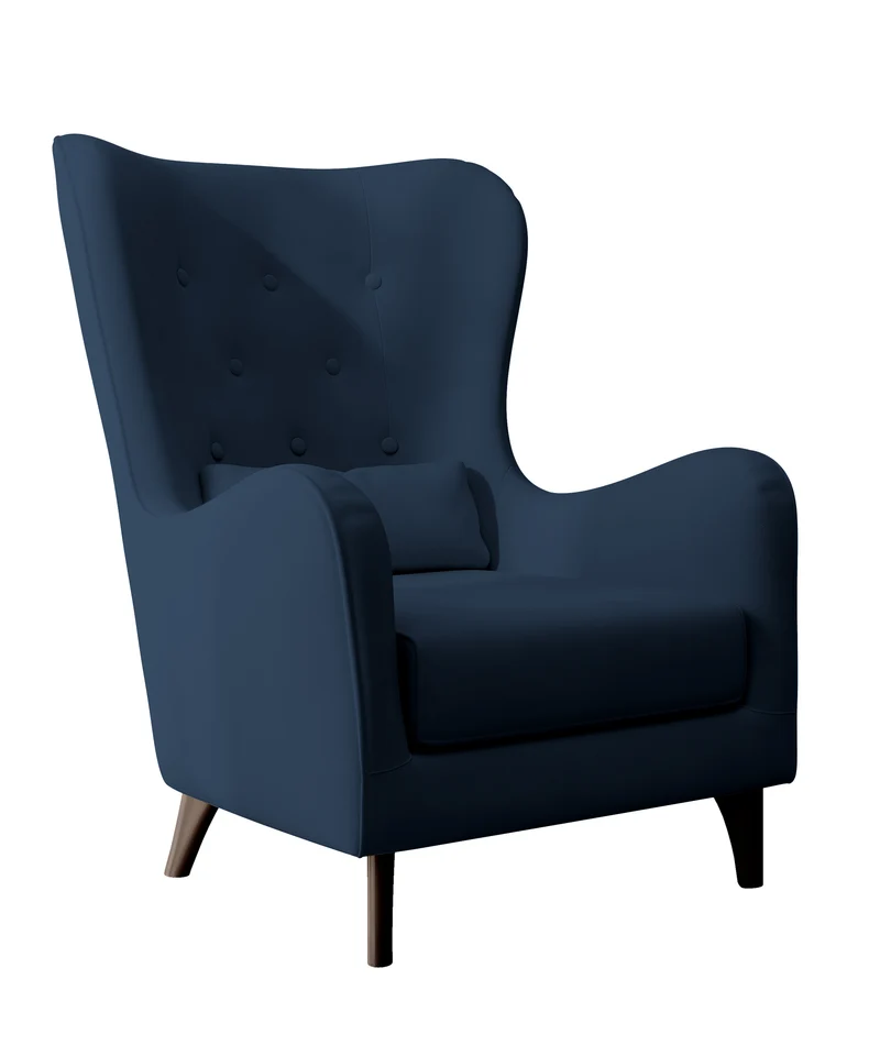 Relaxsessel Ohrenbackensessel Calmino in marineblau aus wasserabweisendem Samtstoff, Beine in Wenge-Farbe